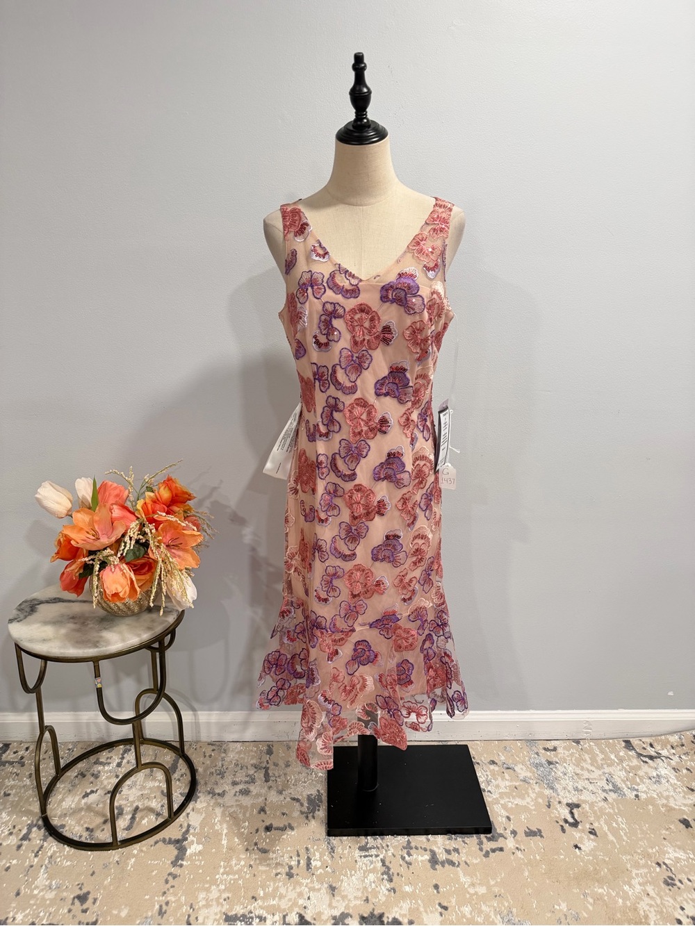 JS Collections Pink Floral Embroidered Embellished Sleeveless Midi Dress